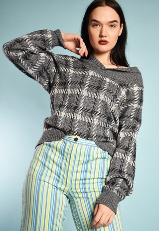 VINTAGE 80'S RETRO TARTAN CHECKED KNIT OVERSIZED JUMPER