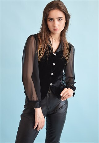 80'S RETRO VELVET PUFF SLEEVE MOMS BLOUSE TOP