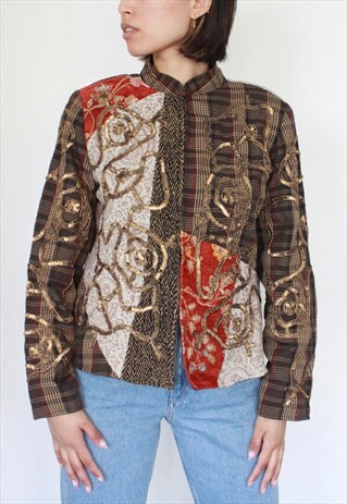 VINTAGE BROWN TARTAN GOLD EMBROIDERY 70S DECONSTRUCT BLAZER