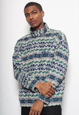 VINTAGE FILA LOGO 1/4 ZIP FLEECE PATTERN GREY BLUE
