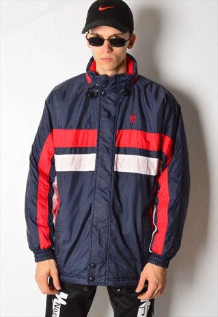 VINTAGE 90S NAVY BLUE RED STRIPED FILA PADDED WINTER COAT