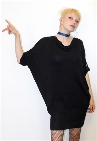 BLACK BAT WING SEXY NICOLE FARHI KNIT DRAPE GOING OUT DRESS