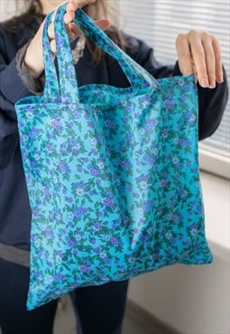 Vintage 70's Blue Floral Print Tote Bag