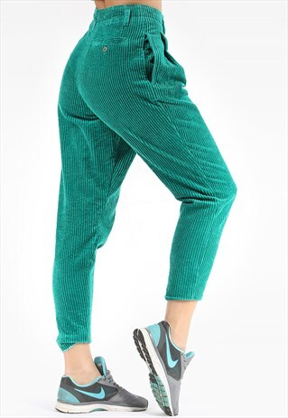 TAPERED CORDUROY TROUSERS GREEN PLEATED