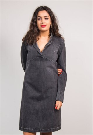 90'S VINTAGE BLACK DENIM LONG SLEEVE MIDI SMOCK DRESS