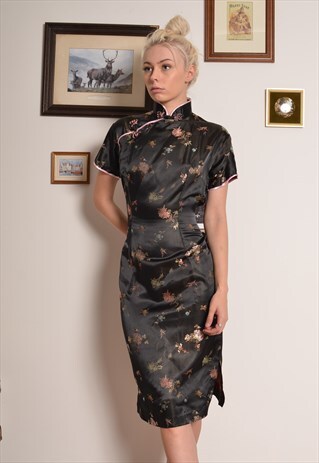 VINTAGE 60S CHINESE MAXI WRAP DRESS IN BLACK SATIN