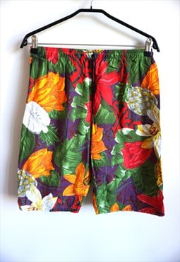Vintage 90s Cotton Beach Shorts Swimwear Floral Flowers