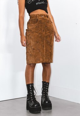 80s Vintage Printed Real Suede leather Pencil Skirt