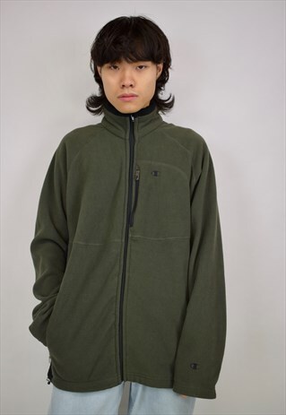 VINTAGE 90S CHAMPION GREEN/BLACK ZIP UP FLEECE JACKET