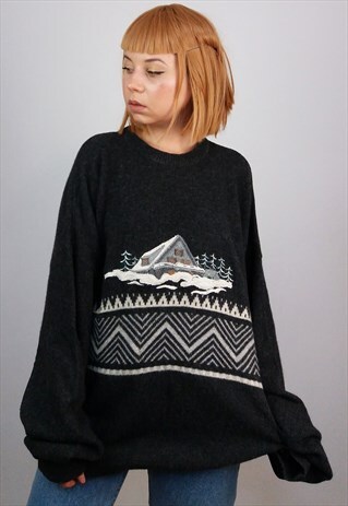 VINTAGE 80'S UNISEX LAMBSWOOL JUMPER WINTER LANDSCAPE SM0537