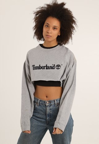 VINTAGE TIMBERLAND EMBROIDERED SPELLOUT CROPPED SWEATSHIRT
