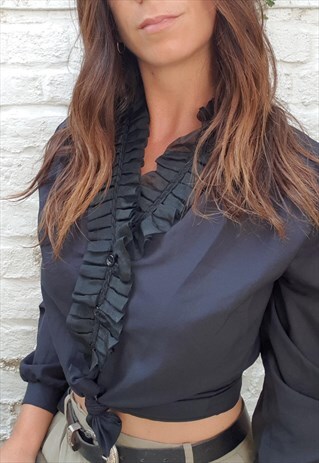 VINTAGE 80S BLACK RUFFLE COLLAR SHEER BLOUSE