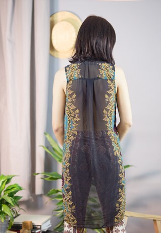 BLACK SHEER PRINTED POLYESTER SHIRT