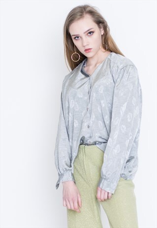 VINTAGE GREY LEAF PATTERNED SILK LONG SLEEVE RETRO SHIRT