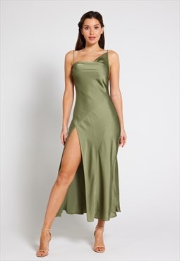 Mila Asymmetric Cowl Neck Satin Slip Dress - Olive