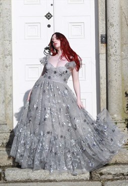 Sequin Star Ruffled Corset Princess Dress Silver