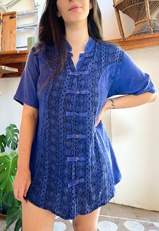 VINTAGE 90'S BLUE HIPPIE EMBROIDERED LOOSE TOP - M/L