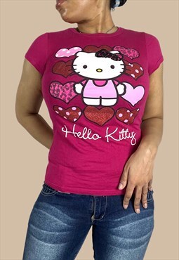 Vintage Y2K Hello Kitty Baby Tee with Sparkle Heart Design