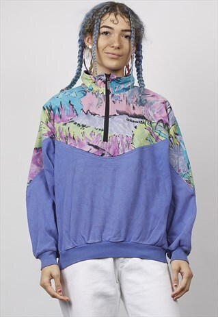 VINTAGE 80'S ADIDAS PURPLE CRAZY PRINT ZIP-UP SWEATER