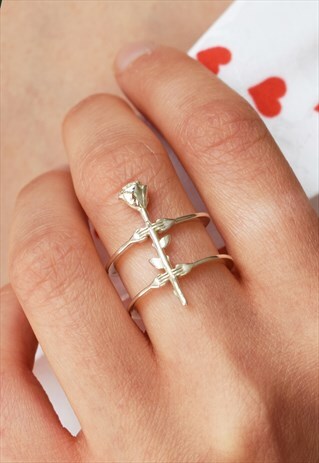 SILVER DELICATE RING WITH HANDS AND ROSE HANDMADE