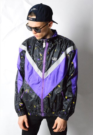 VINTAGE 90S BLACK COLOURFUL ABSTRACT SHELL TRACK JACKET