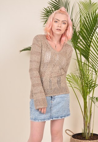 VINTAGE 90S V-NECK KNITTED JUMPER BEIGE
