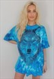 Vintage Mens Unisex Bright Blue Wolf Graphic Tie Dye T-Shirt