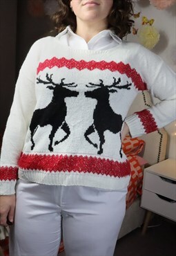 Retro Y2K Cream Red Festive Reindeer Christmas Wool Jumper
