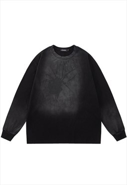 Spider print long sleeve t-shirt vintage wash top in black