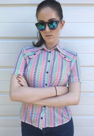 WOMENS VINTAGE 70S SHIRT STRIPY SPOTTY POINTY COLLAR TOP