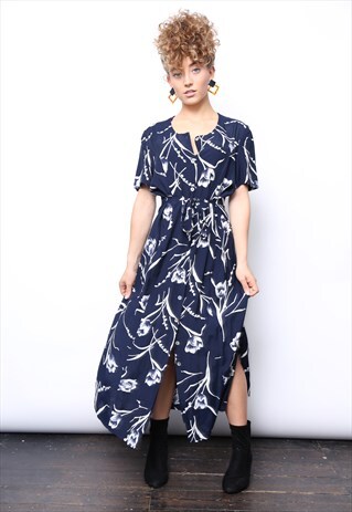 VINTAGE 90S NAVY WHITE FLORAL MIDI BUTTON DRESS