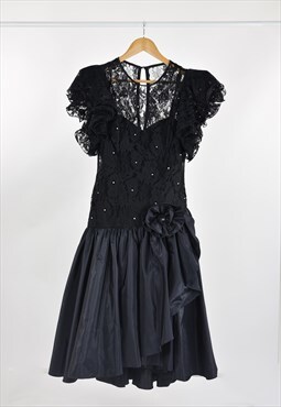 80s Vintage Party Black Lace Diamante Drop Waist Satin Dress