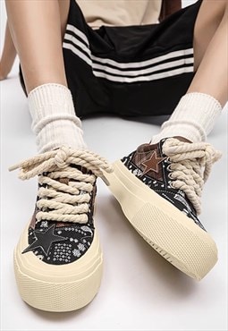 Chunky sole canvas shoes patchwork platform trainers brown