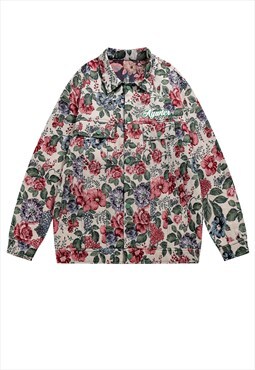 Floral denim jacket rose print jean patch bomber in red