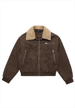 Distressed aviator jacket cropped suede bomber in brown