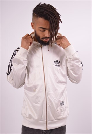 ADIDAS MENS VINTAGE HOODIE SWEATER LARGE WHITE 90S