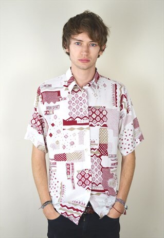 1990S VINTAGE WHITE & RED ABSTRACT PRINTED FESTIVAL SHIRT
