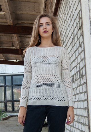 VINTAGE RETRO WHITE KNITTED SEE-THROUGH JUMPER
