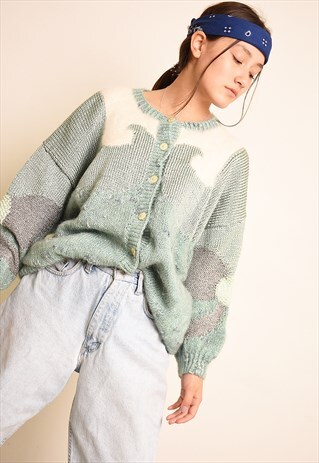 80'S RETRO FLUFFY SHIMMER PASTEL KNIT CARDIGAN