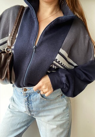 VINTAGE 80S ABSTRACT PATTERN SWEATSHIRT JUMPER FULL ZIP BLUE