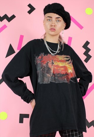 VINTAGE 90S WOLF T-SHIRT TOP Y2K BLACK