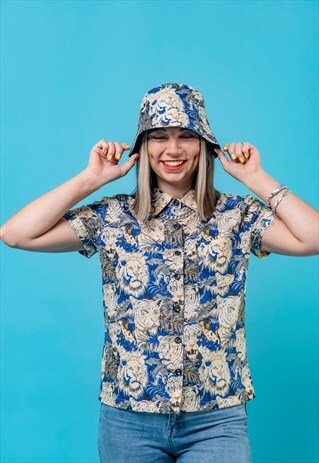 CLAIR ELECTRIC BLUE LION PRINT COTTON HAWAIIAN SHIRT