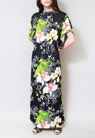 VINTAGE 1970'S MISS GABBY FLORAL KIMONO SLEEVE MAXI DRESS