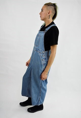 VINTAGE 90S BLUE DENIM AWKWARD LENGTH WIDE LEG DUNGAREES