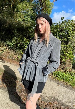 Vintage Suede Dusty Blue Belted Satin Lined Trench Coat