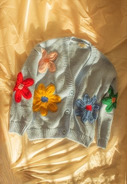 Blue Crochet Applique Bold Floral Cardigan