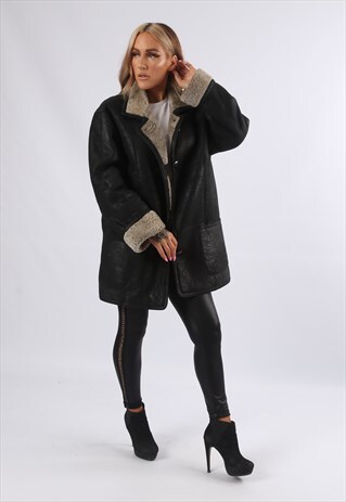 VINTAGE SHEEPSKIN LEATHER SHEARLING COAT MID UK 16 - 18 (82Y