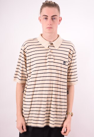 TIMBERLAND MENS VINTAGE POLO SHIRT LARGE BEIGE STRIPES 90S
