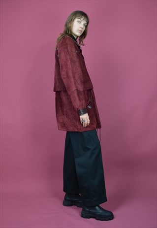 VINTAGE DARK RED 80'S LEATHER SUEDE COAT