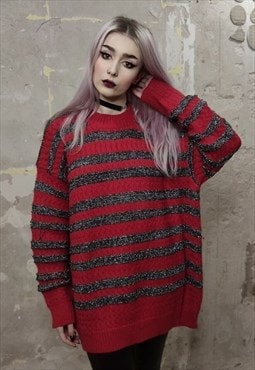 Horizontal stripe sweater metallic finish jumper red silver